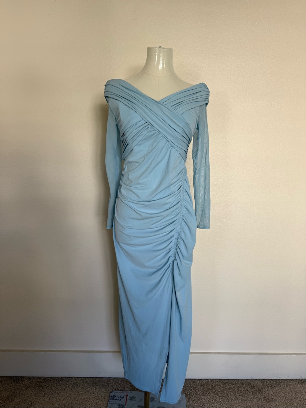 Self-Portrait Blue Off-Shoulder Ruched Midi Dress